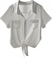 [SRHJOPNFR] Womens Button Down Shirt Fashion Tie Front Knot Short Sleeve Tops Casual Business Blouse