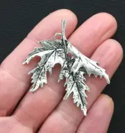 1 Turned Leaf Charm Antique Silver Tone Maple Leaf Charm 2 Sided - SC2929