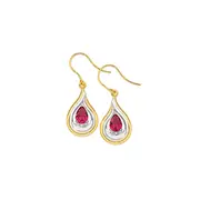 9ct Gold 2 Tone Created Ruby & Diamond Hook Earrings in Red
