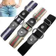 [XSRIYON] No Buckle Elastic Stretch Belts,Women's/Men's Elastic Belt, Comfort Invisible Jeans Pants, Dress Invisible Elastic Belt (3pcs Buckleless Belt, 3pcs Metal Rings), Yellow Green Red Stripe, Blue White, Black, 18-39 inch