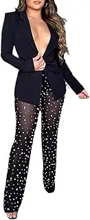 [Tbahhir] Sexy Blazers Suits for Women 2 Piece Outfits Long Sleeve Blazer and Mesh Sheer Pants Sets Clubwear Party