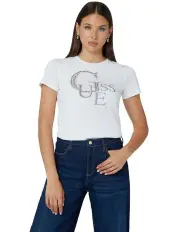 Short Sleeve Crew Neck Guess Studded Tee in Pure White