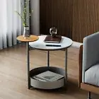 3Tier Unique Sofa Side End Table Sintered Stone-top Accent Table w Leather Shelf