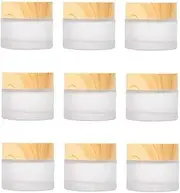 Healthcom 10 Packs 15ml/15g Empty Sample Jars Frosted Glass Cream Jar Bottle with Wood Grain Lid Cosmetic Containers Glass Cream Box Refillable Glass Cream Jar Pot for Makeup Lotion Face Eyeshadow