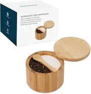 [KITCHENDAO] Bamboo Salt and Pepper Bowl Box Cellar, Built-in Spoon, Two Compartments Spice Seasoning Container,Sea Salt Cellar Holder,Magnetic Swivel Lid,Dual 5oz Capacity