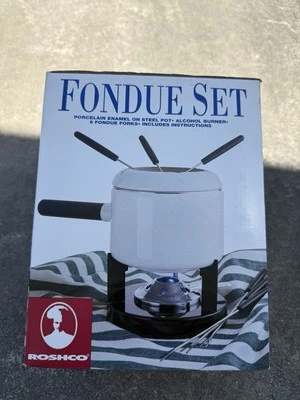 NEW Roshco Fondue Set White Porcelain Enamel On Steel Pot w/ 6 Forks