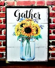 Gather Sunflower Mason Jar Farmhouse Tiered Tray Sign Shelf Sitter Block 3.5X4.5