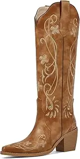 [wetkiss] Cowboy Boots for Women Knee High Cowgirl Boots, Western Boots with Floral Embroidered Pointed Toe Chunky Heel Pull On Retro Vintage Classic Tall Boots for Ladies