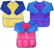 Jindizi Kids Art Smocks, 3 Pack Children Apron Toddler Aprons, Toddler Smock Waterproof Artist Painting Aprons Long Sleeve with 3 Pockets Kids Painting Apron for Age 2-6 Years (Blue Yellow)