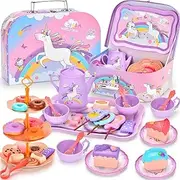Astraio Unicorn Tea Party Set, 44PCS Pretend Plastic Teapot Set with Dessert, Carrying Case for Little Girls Age 3-12