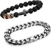 [Pichcppo] 2pcs Men’s Bracelets Set,Stainless Steel Cuban Link and Black Gemstone Tiger Eye Agate Cross Beaded Bracelet for Men,Men’s Jewelry Gift,Father’s Day,Birthday Gift