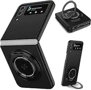 [Asuwish] Phone Case for Samsung Galaxy Z Flip 4 5G 2022 Cover and Magnetic Ring Holder Stand Slim Hard Hybrid Rugged Cell Accessories Protective ZFlip4 Z4 Flip4 4Z Wireless Charger Women Men Black