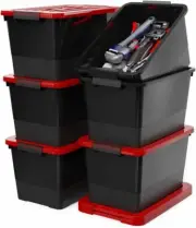 Space-Saving 32 Quart Stackable Storage Containers, 6 Pack with Buckle Closure