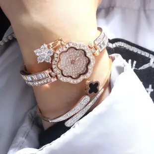 瑞士Mashali歐美品牌 韓版 時尚奢華花朵錶盤 滿天星面板 玫瑰金鑲嵌鑽花朵吊墜手鍊手錶 /女錶