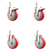 5 Inch 316SS Red Polyurethane 10mm Threaded Stem Caster Set 2 Lock Brake