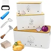 8PCS Kitchen Vegetable Storage Containers,Potato and Onion Garlic Storage Bin with Peeler,Slicer,Masher,Garlic Press & Cloth, Carbon Steel Potato Storage Box with Airflow & Wooden Lid (White)