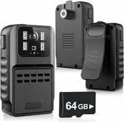Mini Body Camera Video Recorder 1290×1080HD 64GB Memory Card Waterproof Body Cam with Auto Night Vision and Audio Sound Police Cams Wearable Portable for Home, Outdoor, Law Enforcement, Security Guard