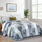 Patchwork Pattern Quilt Set Queen Size, Blue Plaid Reversible Bedspread Cover...