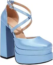 [NBTOICDAS] Women's Platform Chunky Heels Closed Toe Block Ankle Strap Dress Wedding Party Pumps Shoes, Blue, 8 UK