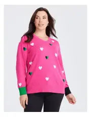 [Taking Shape] Cotton V-neck Hearts Jumper in Hot Pink