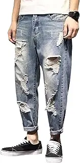 [Zylphorix] Men Regular Fit Street Ripped Jeans Distressed Denim Pants with Holes Y2K Classic Flip Hem Harem Trousers, Sky Blue, 34