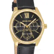 Michael Kors Janelle Womens Gold Multifunction Watch, Black Leather, Crystals