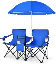 Double Folding Picnic Chairs with Umbrella & Cooler Bag, Blue