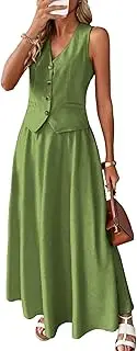 [ELLEVEN] 2 Piece Linen Sets for Women Summer Outfit,V-Neck Vest Top & Flowy Maxi Skirt