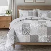 SLPR Silver Linings Cotton Quilt Set - King Size with 2 Shams, Neutral Pieced Patchwork Design, Country Silver Gray Quilted Comforter, Lightweight Summer Farmhouse Bedspread