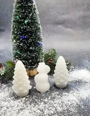 White Jade Snowman & Christmas Tree Set, Hand Carved 3 Piece Set Christmas Decor