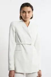 Structured Crepe Tailored Collarless Belted Blazer