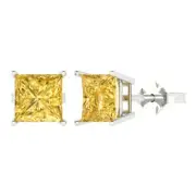 4Ct Yellow Gemstone - Princess Cut VVS1 , Gold Stud Luxury Earrings Push-Back