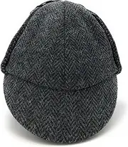 [Clans Of Scotland] Deerstalker Hat – Scottish Traditional - Sherlock - Harris Tweed - Two Peaks and Ear Flaps - Autumn Spring Winter Dark Charcoal Herringbone- Single Piece