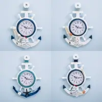 在飛比找樂天市場購物網優惠-地中海風格藍白船舵舵手船錨創意個性掛鐘鐘表電子表裝飾航海時鐘