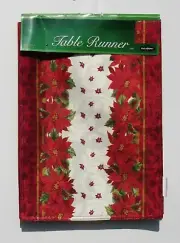 NWT 13" X 72" JACQUARD LINEN POINSETTIA HOLIDAY TABLE RUNNER CREAM, RED & GREEN