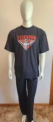 Essendon Bombers AFL Mens Black Printed 2 Piece Cotton Pyjama Set Size M New