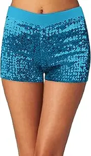 [Generic] Women's Sequins Shorts Elastic Waist Sparkly Straight Leg Shorts Glitter Solid Pants Sequin Short Women Wide Calf Lightweight Walking Trousers Black Trousers (Sky Blue, M)
