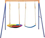 VEVOR Swing Sets for Backyard, 440lbs Load Capacity Swing Set, with 1 Saucer Swing Seat, 1 Belt Swing Seat, Heavy Duty A-Frame Metal Swing Stand and Adjustable Rope, Swingset Outdoor for Kids