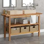 Bathroom Vanity Cabinet with Cream Marble Sinks Solid Wood Teak,Teak Bathroom Cabinet with Double Sinks and Seagrass Baskets for Ample Storage Vanity Suites