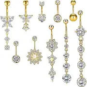 [BDSHUNBF] 10 Pcs Belly Button Bars Belly Bars Set,Belly Button Rings Belly Button Piercing,Barbell Navel Bars Piercing Jewelry,Flower Butterfly Dangly Belly Button Bars Navel Bars Set for Women,Gold,