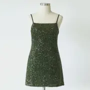 TopShop Sequin Mini Dress Womens 2 Green Square Neck Cowl Back Party Sexy NWT