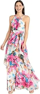 [R&M Richards] Flowing Watercolor Floral Halter Maxi Dress W/Tiered Ruffle Hem