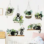 AUHOKY Green Potted Plant Cactus Wall Decal Cute Black Cat Stickers, Creative Tropical Bonsai Flower Cactus Wallpaper, Removable Animal Art Mural for Bedroom Kitchen Nursery Home Decoration