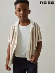 Reiss Natural Carrington 9-13 yrs Cotton Crochet Stripe Cuban Shirt (AT5441) | $90