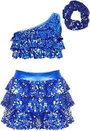 [Jhaoyu] Kids Girls Salsa Rumba Sequin Dance Outfits Jazz Latin Hip Hop Performance Costume Crop Top with Skirt