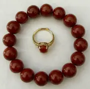 Natural 12mm Red Jade A, 16-bead bracelet & Ring W/Certificate & collection Box