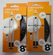 2 - Fiskars Metal Protractor & Compass Set Gray 12" 180° with Lead Refills NEW