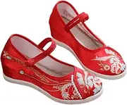 [GHAKKE] 2025 Women's Exquisite Embroidered Invisible Wedge Heels Shoes Chinese Style Wedding Hanfu Cheongsam Shoes Casual Comfort Platform Ankle Strap Shoes(Red,4)