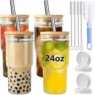 4 Pack Glass Cups Set 24oz BOBA Tea Drinking Glasses w Bamboo Lids Metal Straw
