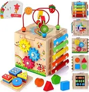 HELLOWOOD Wooden Kids Baby Activity Cube, 8-in-1 Toys Set for 12M+ Boys & Girls, Multifunctional Activity Cube, Montessori Learning Toys for Toddlers Age 1-3